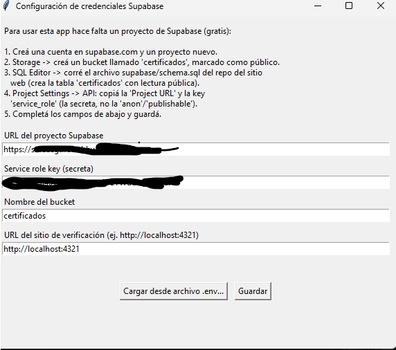 Pantalla de configuración de credenciales de Supabase