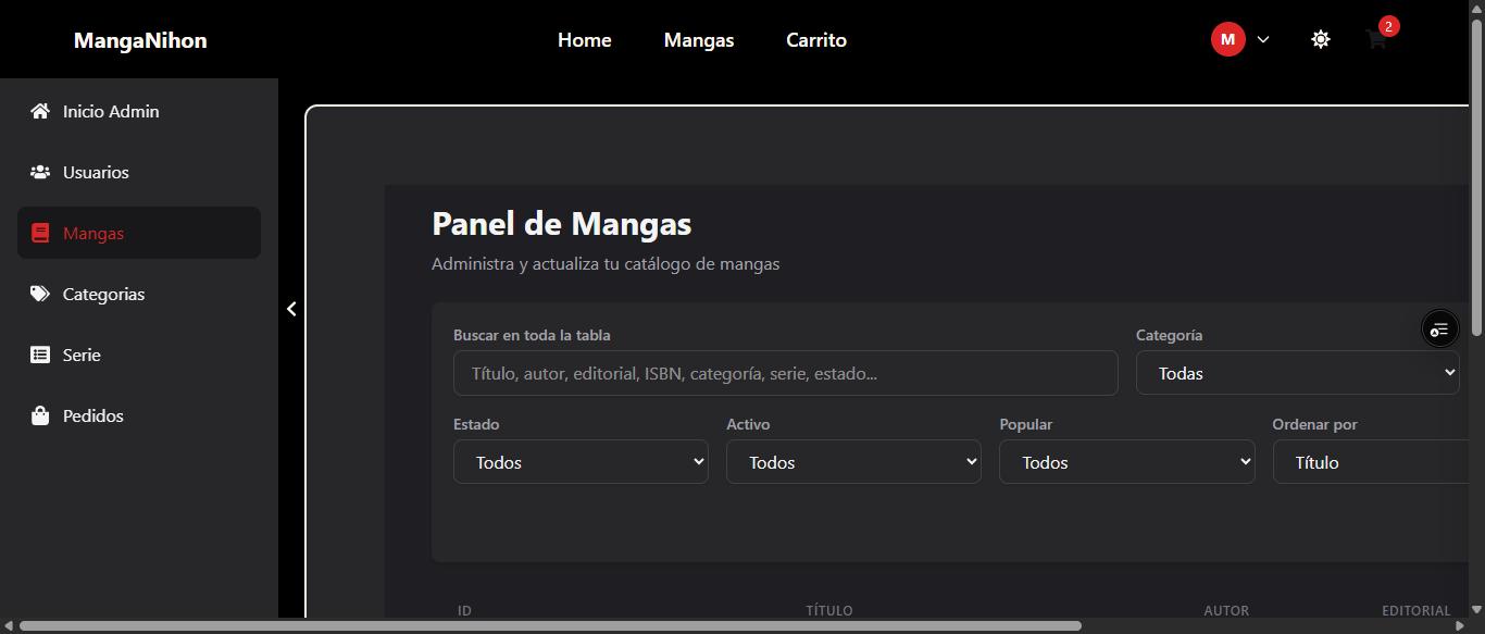 Gestión de mangas del catálogo con filtros de búsqueda