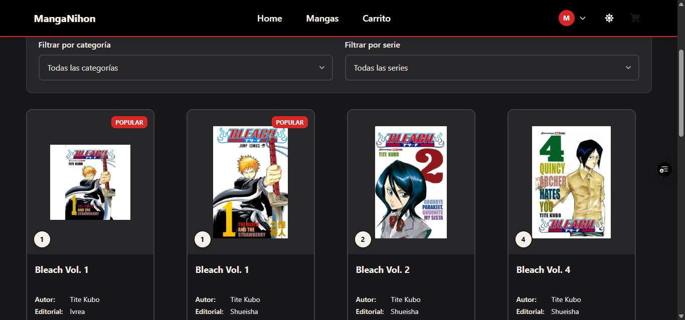 Catálogo de mangas con filtros por categoría y serie